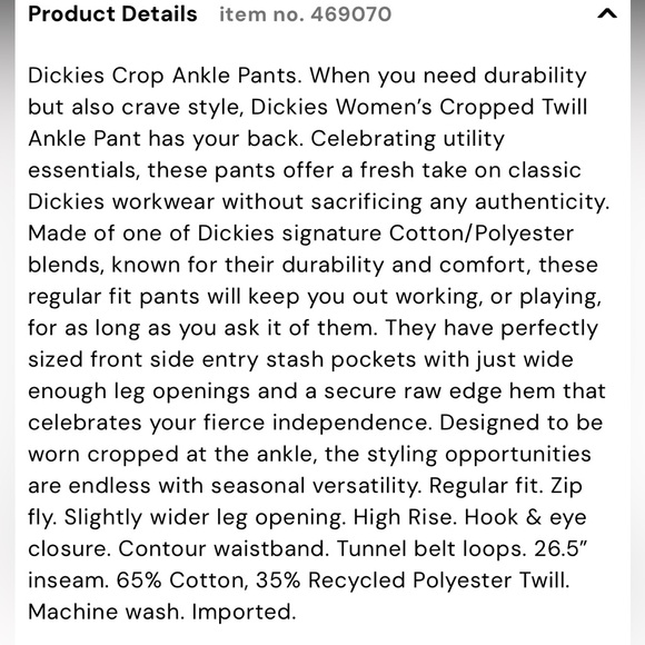 Dickies Cropped Ankle Pants - Picture 6 of 6